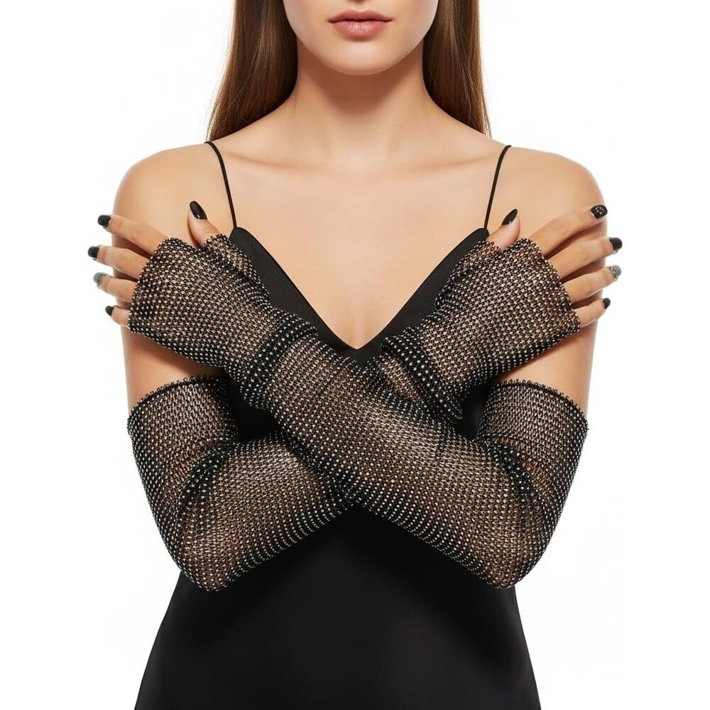 Women's Fingerless Rhinestone Black Fishnet Stretch Long Gloves Party Costume